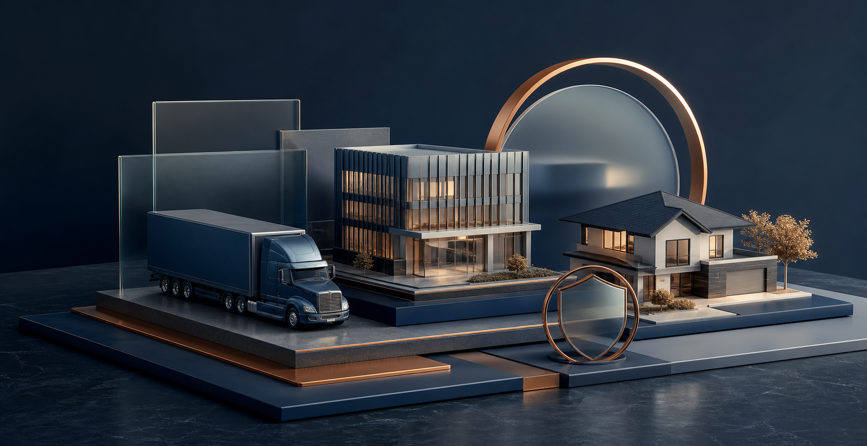 A refined scene representing transportation, commercial property, home, and liability protection